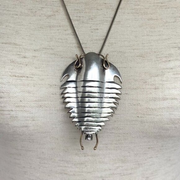 Sterling Silver 925 14K Yellow Gold Manta Ray Trilobite Pendant Necklace 25" - Picture 13 of 16